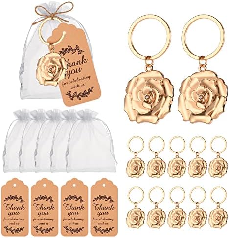 24 Gold Rose Keychains for Wedding Party Favors