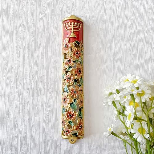 Hand Painted Mezuzah with Menorah and Pomegranate Motifs