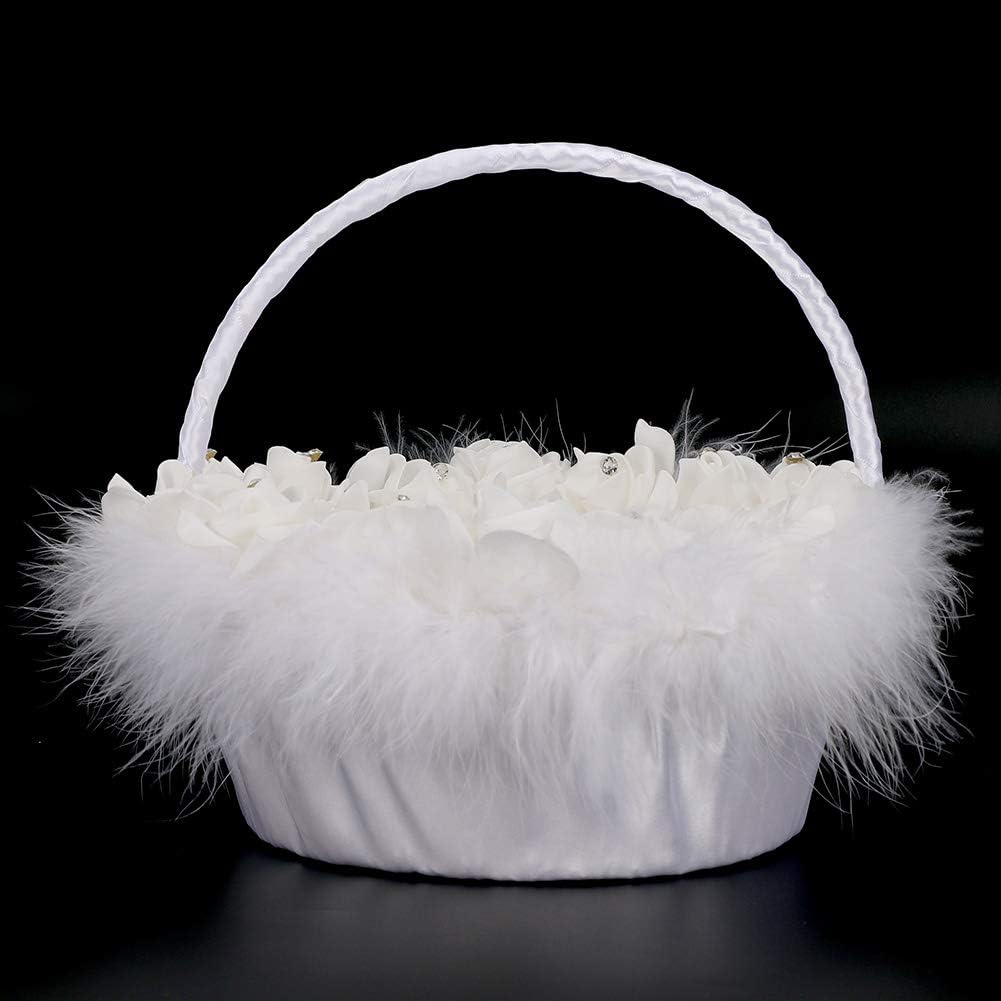 Elegant Wedding Girl Flower Basket with White Satin Decor