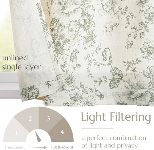 Jinchan Tie Up Valance Floral Linen 54 Inch Sage Green on Beige