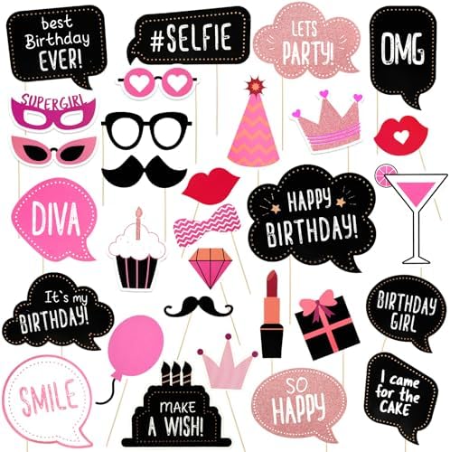 Pink Girls Birthday Photo Booth Props 30 Pcs Set