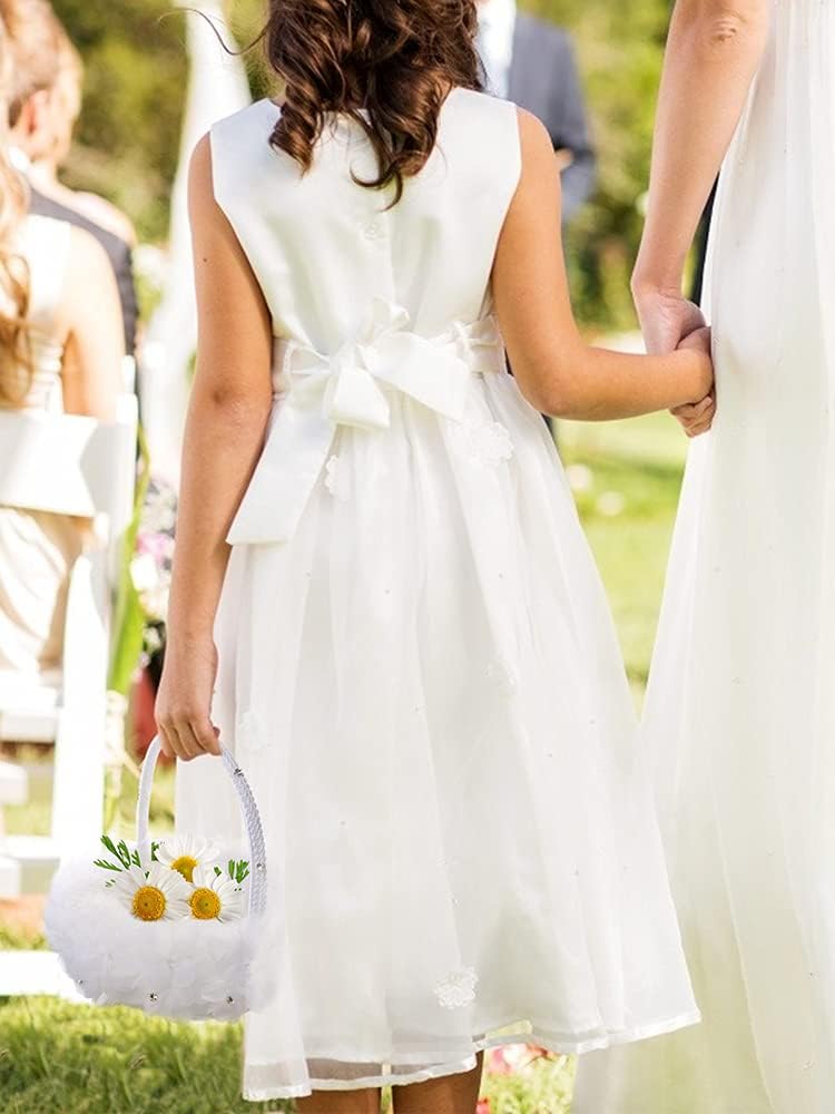 Cute Wedding Flower Girl Basket with White Ostrich Fluff
