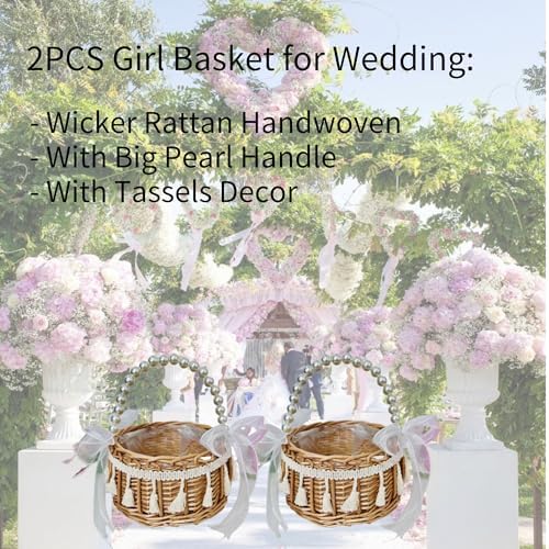 2PCS Wicker Rattan Flower Girl Baskets with Pearl Handle Tassels