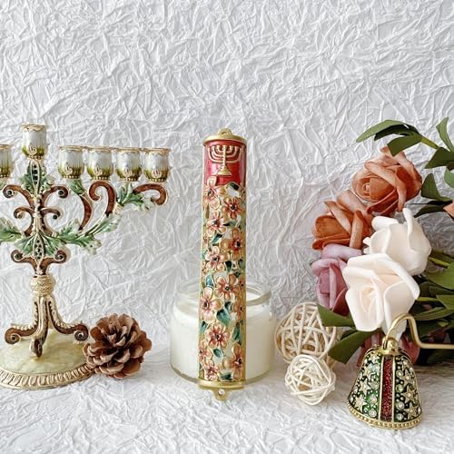 Hand Painted Mezuzah with Menorah and Pomegranate Motifs