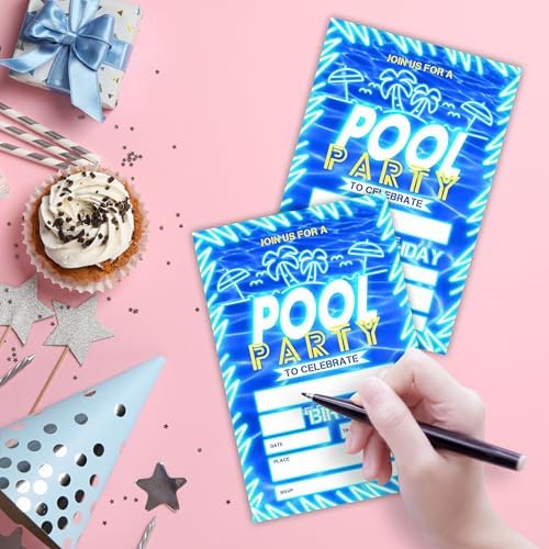 Pool Party Birthday Invitations With Envelopes - Neon Glow Blue Palm Tree Design