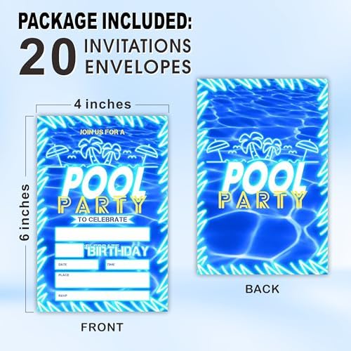Pool Party Birthday Invitations With Envelopes - Neon Glow Blue Palm Tree Design