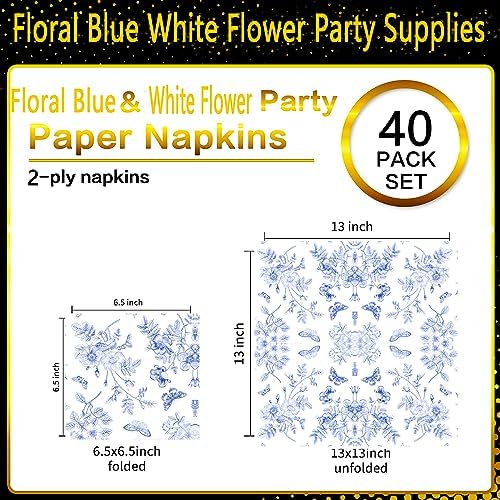 40 Pack Blue White Floral Luncheon Napkins