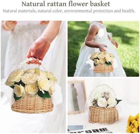 Wicker Rattan Flower Girl Basket with Pearl Handle
