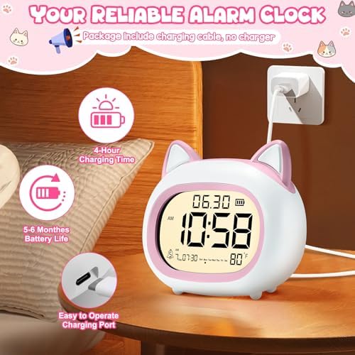 Adorable Cat Alarm Clock for Kids with Night Light