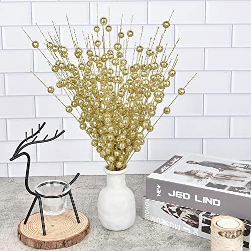 DearHouse 10 Pack Gold Christmas Berry Stems for Decor