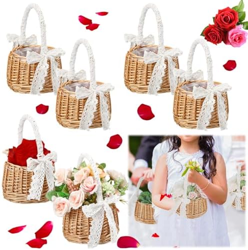 6 Pcs Wedding Flower Girl Baskets with Handle and Ribbon