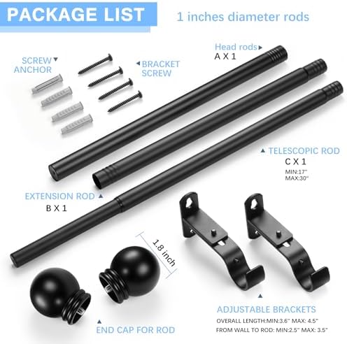 Adjustable Curtain Rods 16-60 Inches Black Pack of 1
