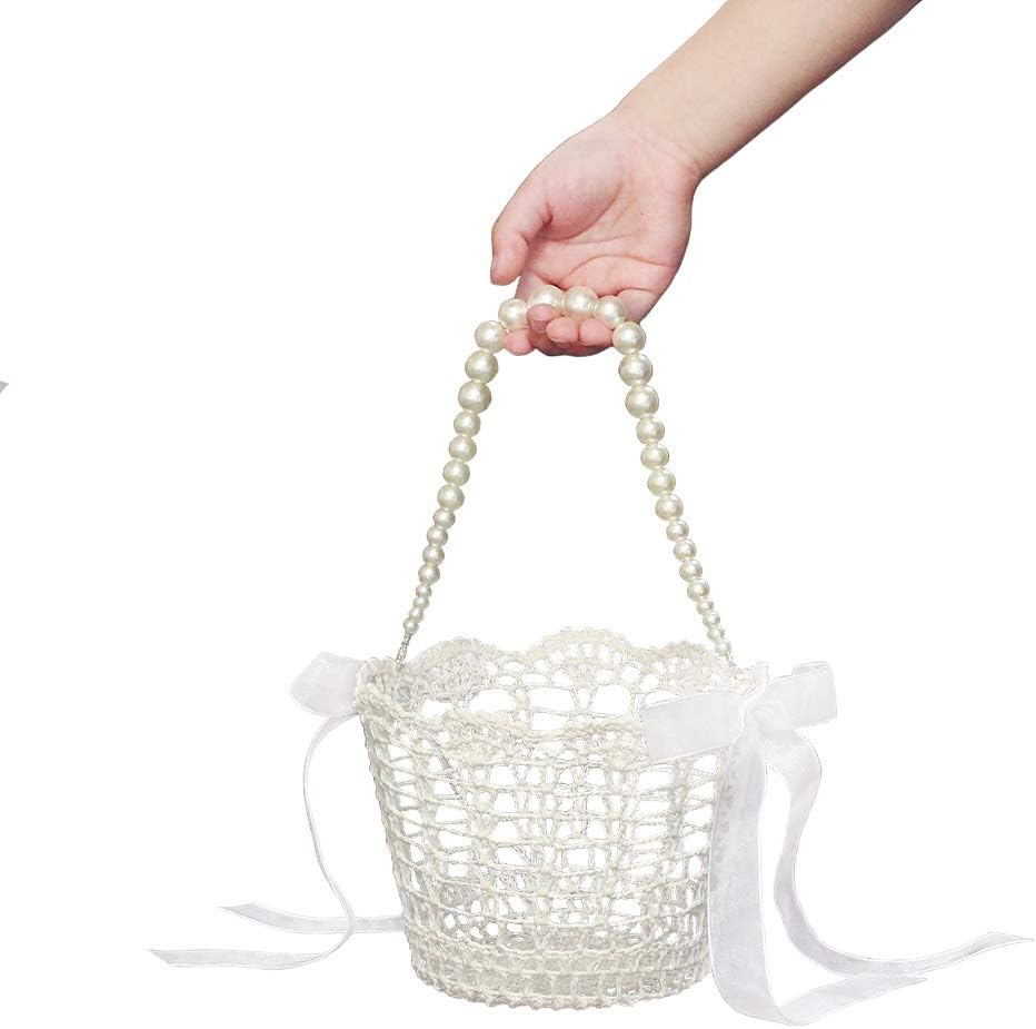 Lapuda Ivory Flower Girl Basket with Tulle and Pearls
