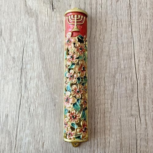 Hand Painted Mezuzah with Menorah and Pomegranate Motifs