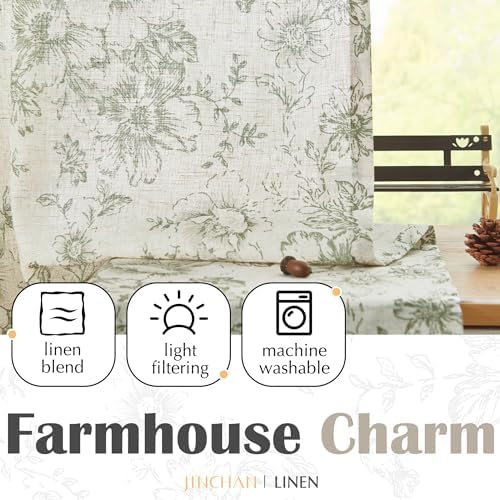 Jinchan Tie Up Valance Floral Linen 54 Inch Sage Green on Beige