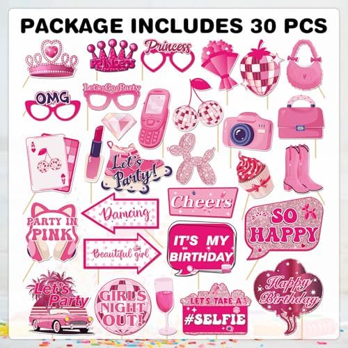 30Pcs Pink Girl Birthday Photo Booth Props with Sticks