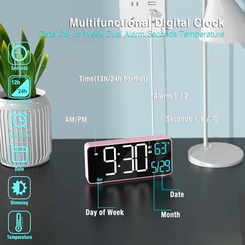 Kosumosu Pink Digital Alarm Clock with Dual Alarms
