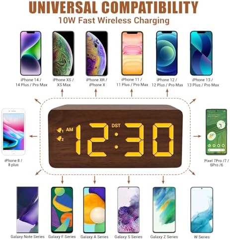 URAYCO Wood Digital Alarm Clock with 10W Wireless Charger and USB Ports