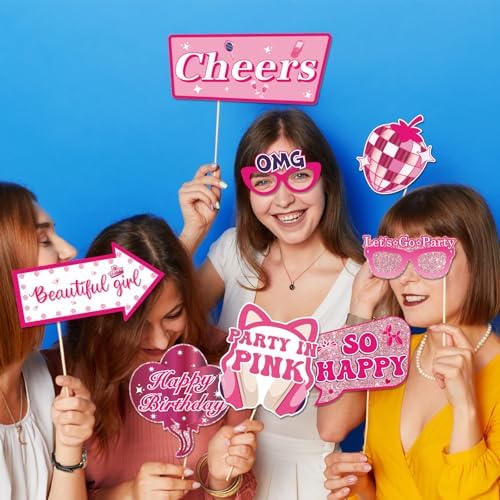 30Pcs Pink Girl Birthday Photo Booth Props with Sticks