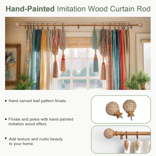 Boho Style Wood Grain Curtain Rod Set 36-88 Inches Natural Wood