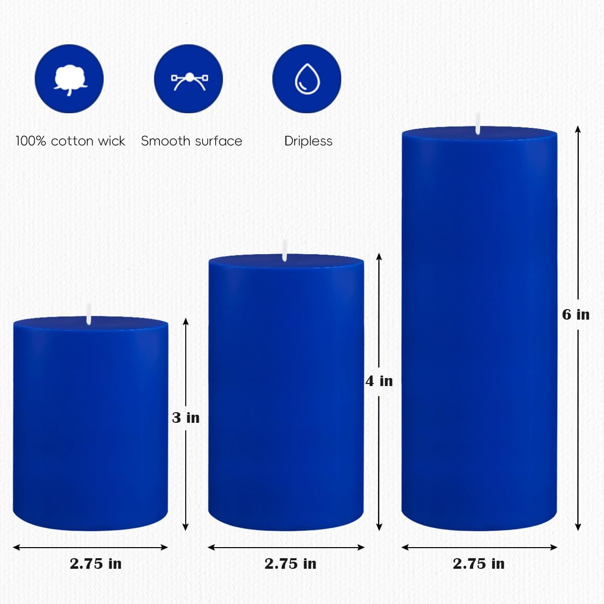 Set of 3 Blue Pillar Candles Dripless Unscented