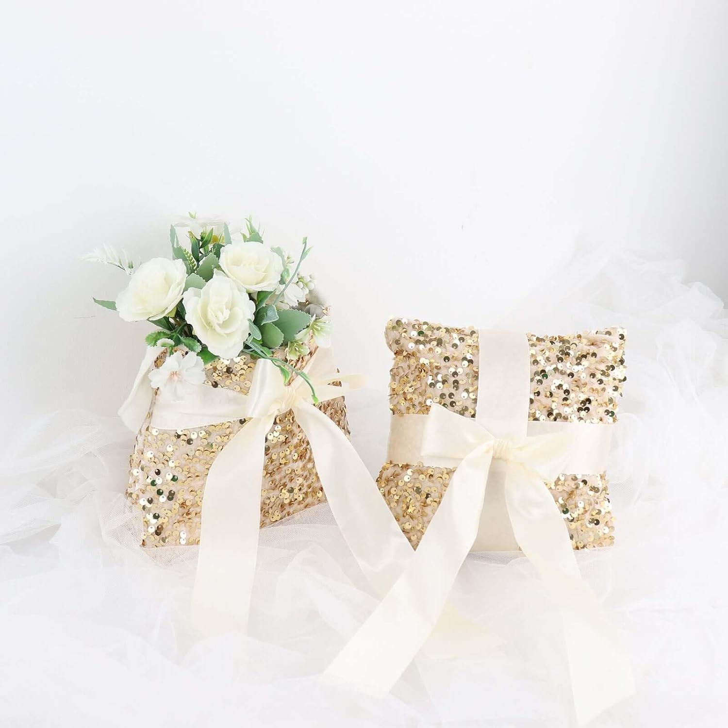 Efavormart Gold Sequin Flower Girl Basket Ring Bearer Pillow Wedding Set