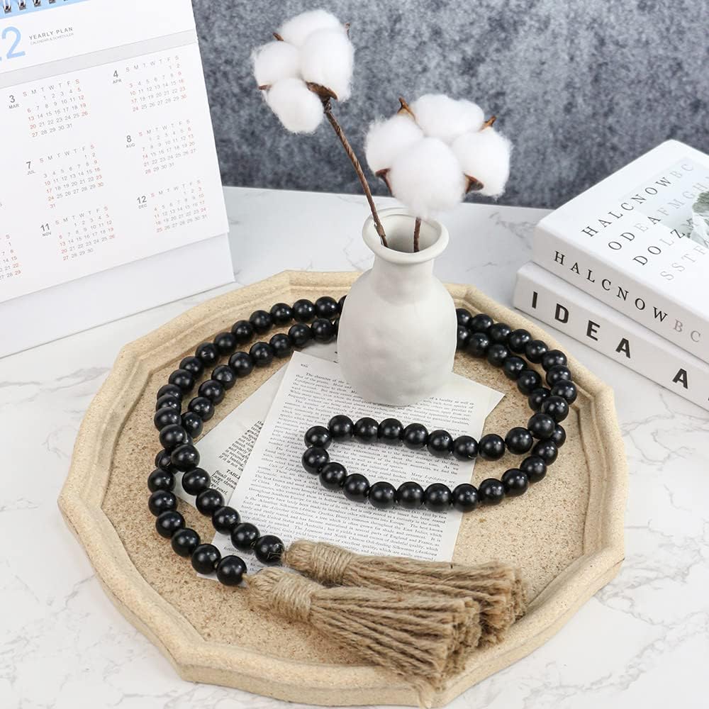 58in Wood Bead Garland with Tassels - Rustic Farmhouse Decor