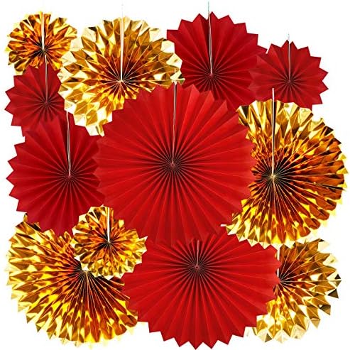 Red and Gold Hanging Paper Fans 12pc