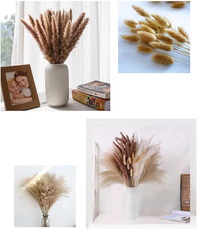 Eforcase Dried Flower Bouquet Set - Tan White Pampas Grass and Reed