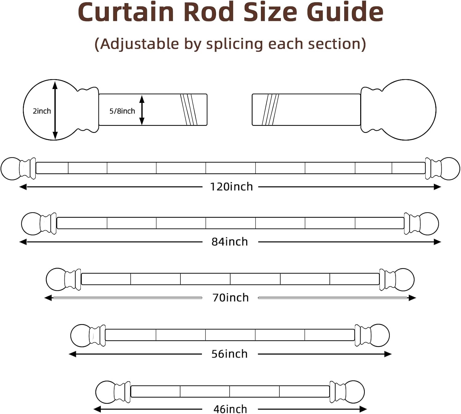 Black Curtain Rods 28-48 Inch 3 Section Set with Brackets