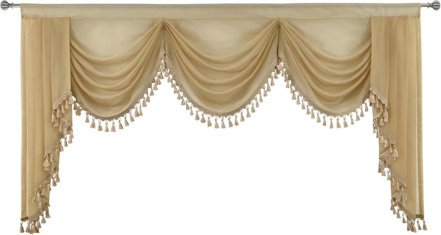 Waterfall Sheer Curtain Valance with Tassels for Bedroom and Living Room