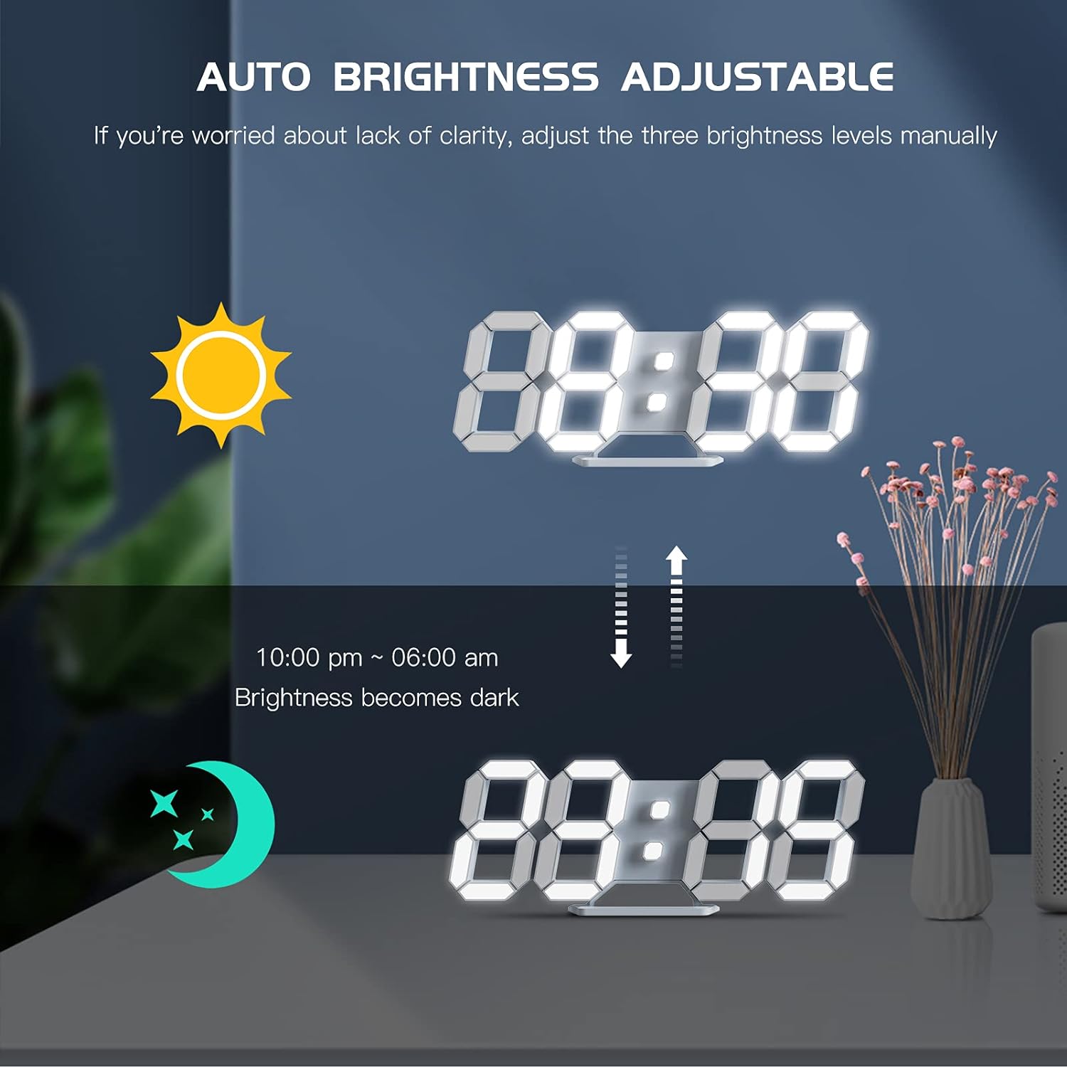 WISE TIGER 3D LED Wall Clock with Alarm and USB Nightlight