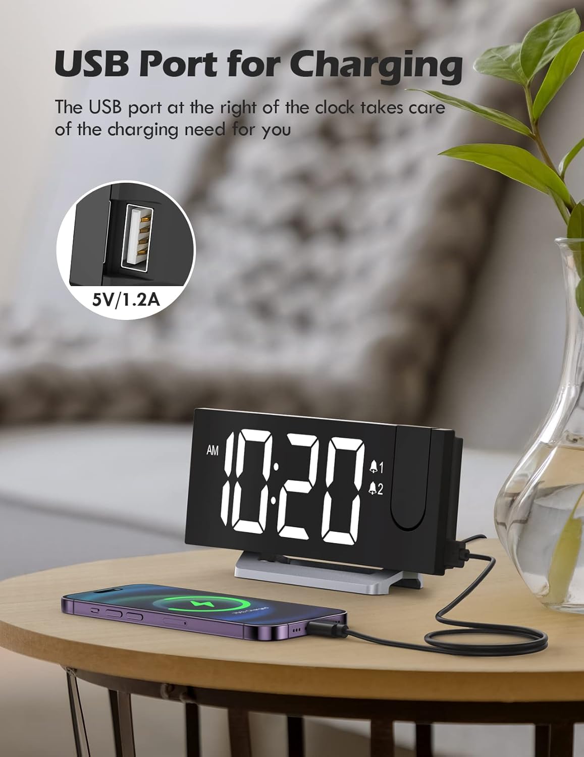 Uptimus Projection Alarm Clock with FM Radio and USB Charging
