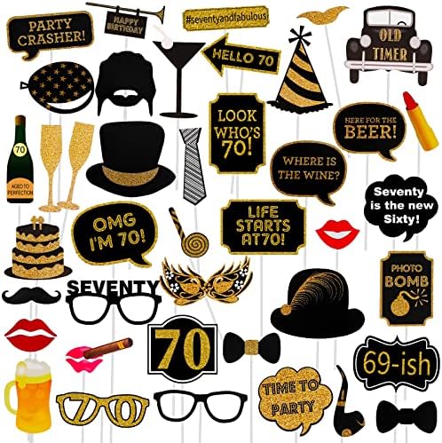 70th Birthday Photo Booth Props 41Pcs Gold Red Decorations