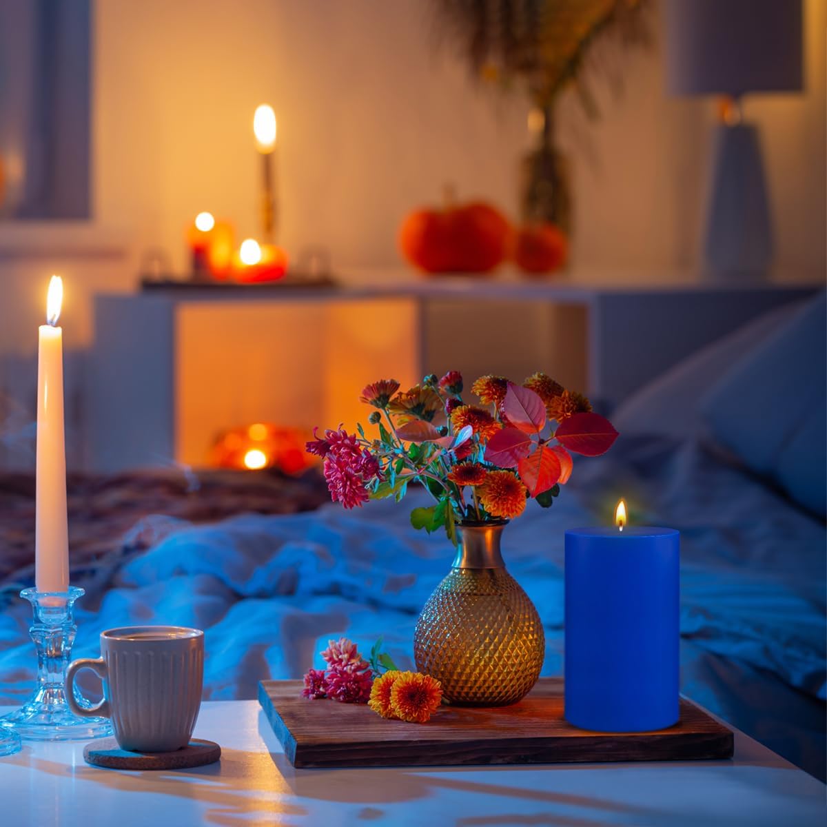 Set of 3 Blue Pillar Candles Dripless Unscented