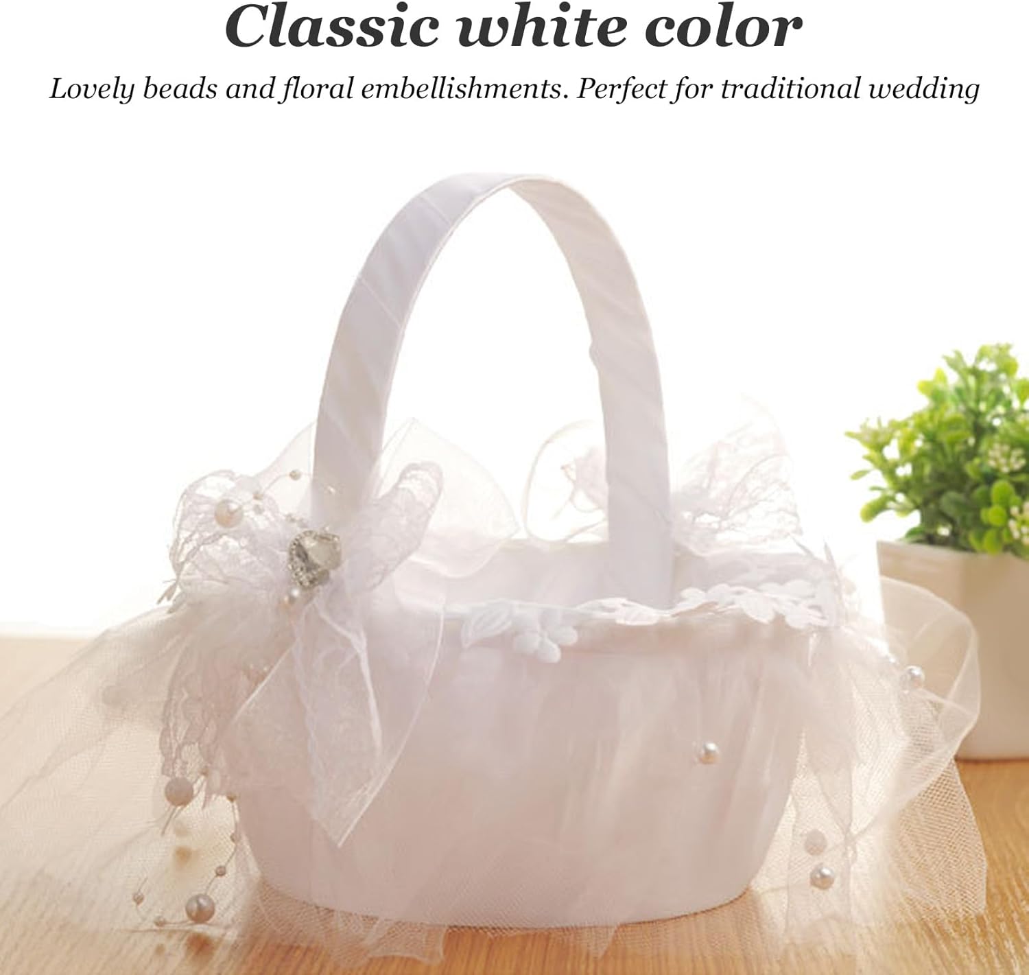 Wedding Flower Girl Basket with White Lace and Rhinestone