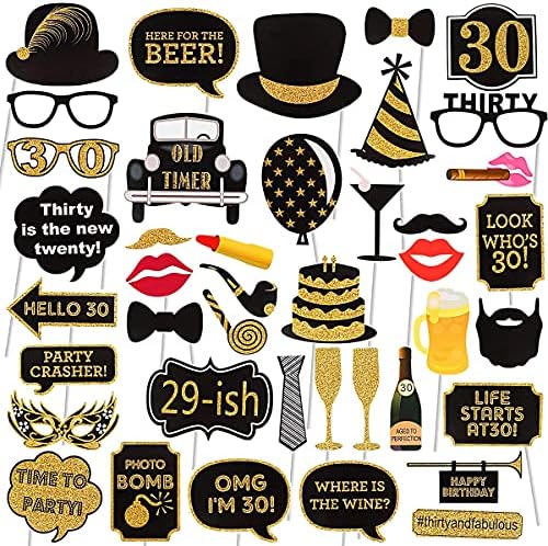 30th Birthday Photo Booth Props 41Pcs Gold Red Decorations