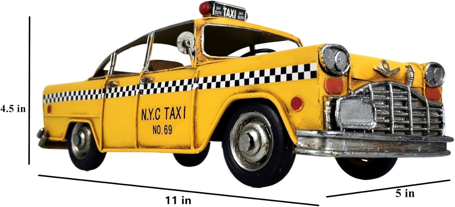 Retro Handmade Yellow NYC Taxi Cab Model 11 Inch Collectible