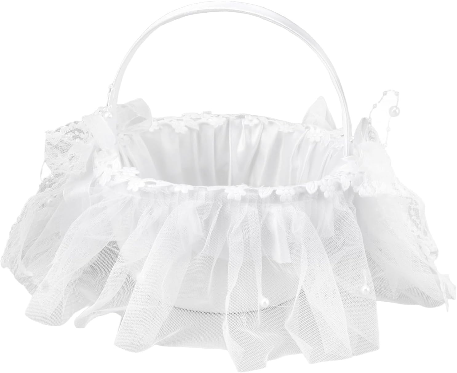 Wedding Flower Girl Basket with White Lace and Rhinestone