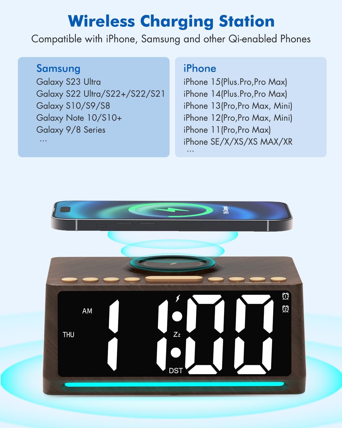 Te-Rich Retro Digital Alarm Clock with Mood Lights and Wireless Charging