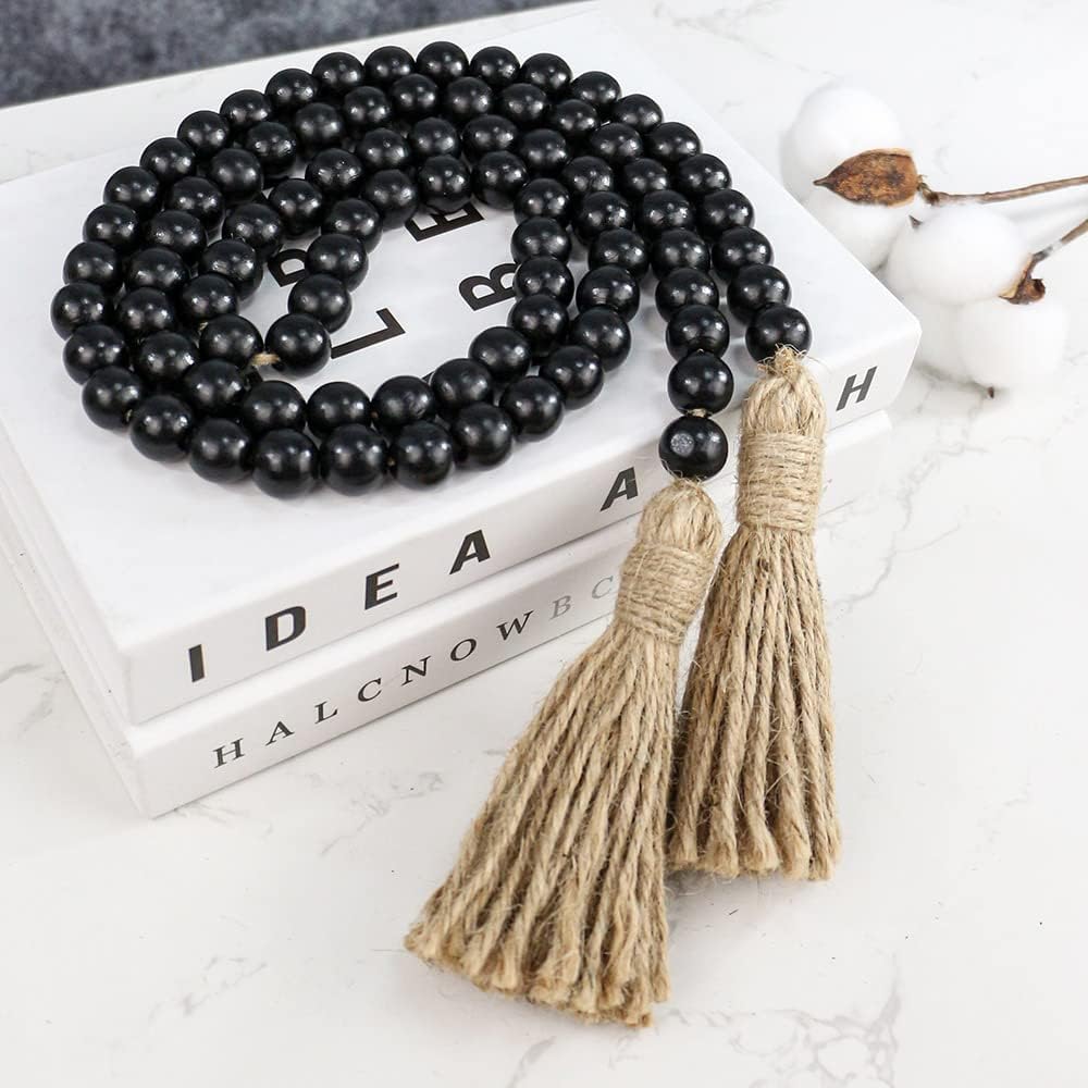 58in Wood Bead Garland with Tassels - Rustic Farmhouse Decor