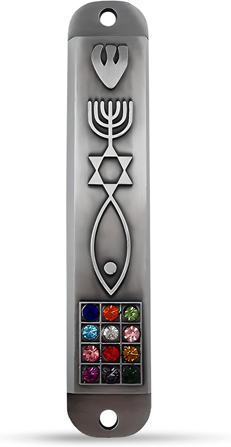 Stylish Pewter Messianic Mezuzah Case with Scroll