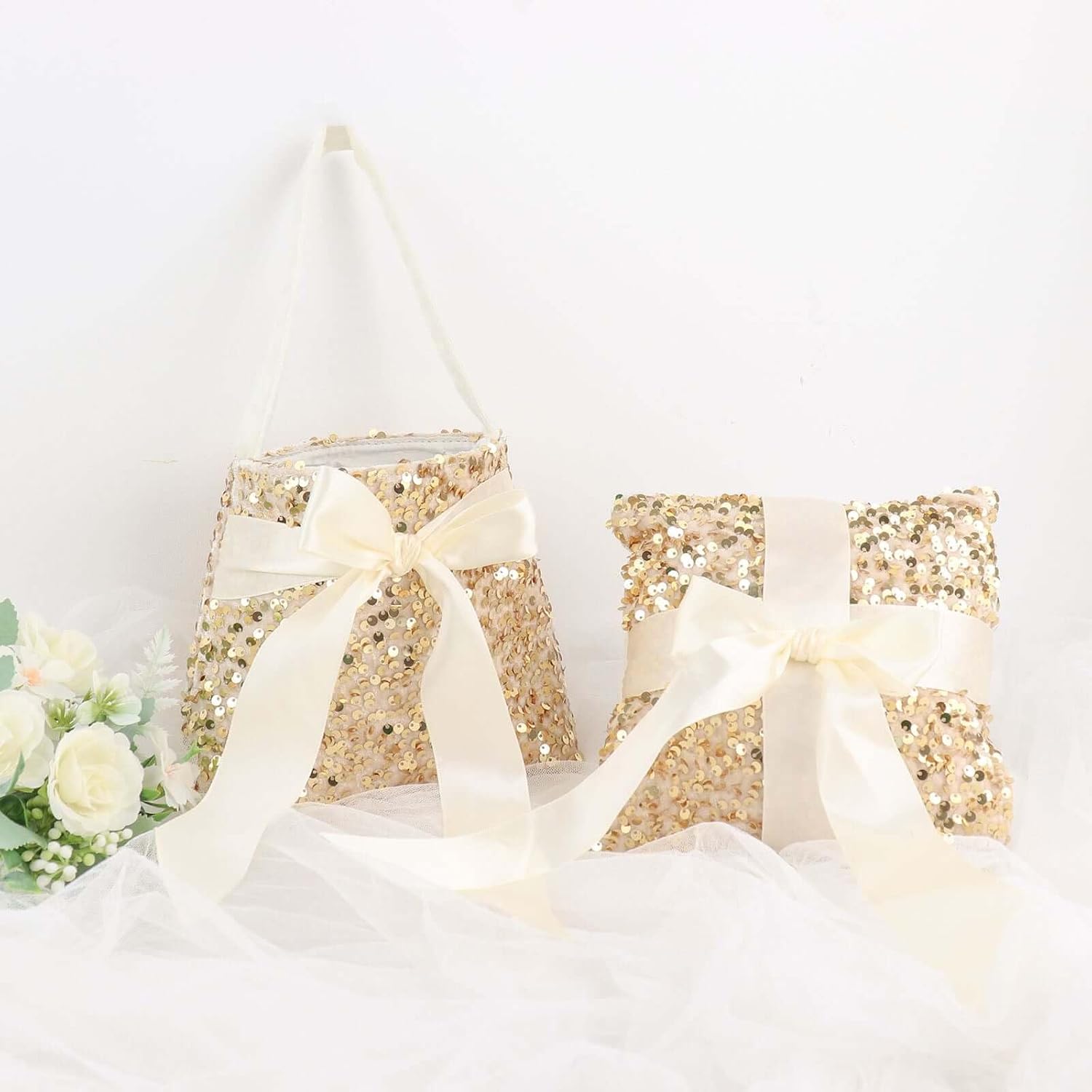 Efavormart Gold Sequin Flower Girl Basket Ring Bearer Pillow Wedding Set