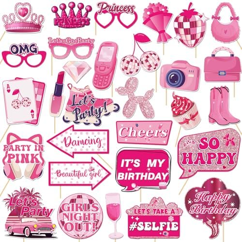 30Pcs Pink Girl Birthday Photo Booth Props with Sticks