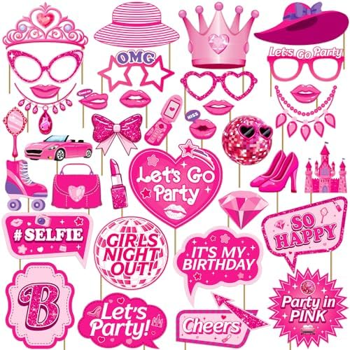 36Pcs Hot Pink Photo Booth Props for Girls Parties