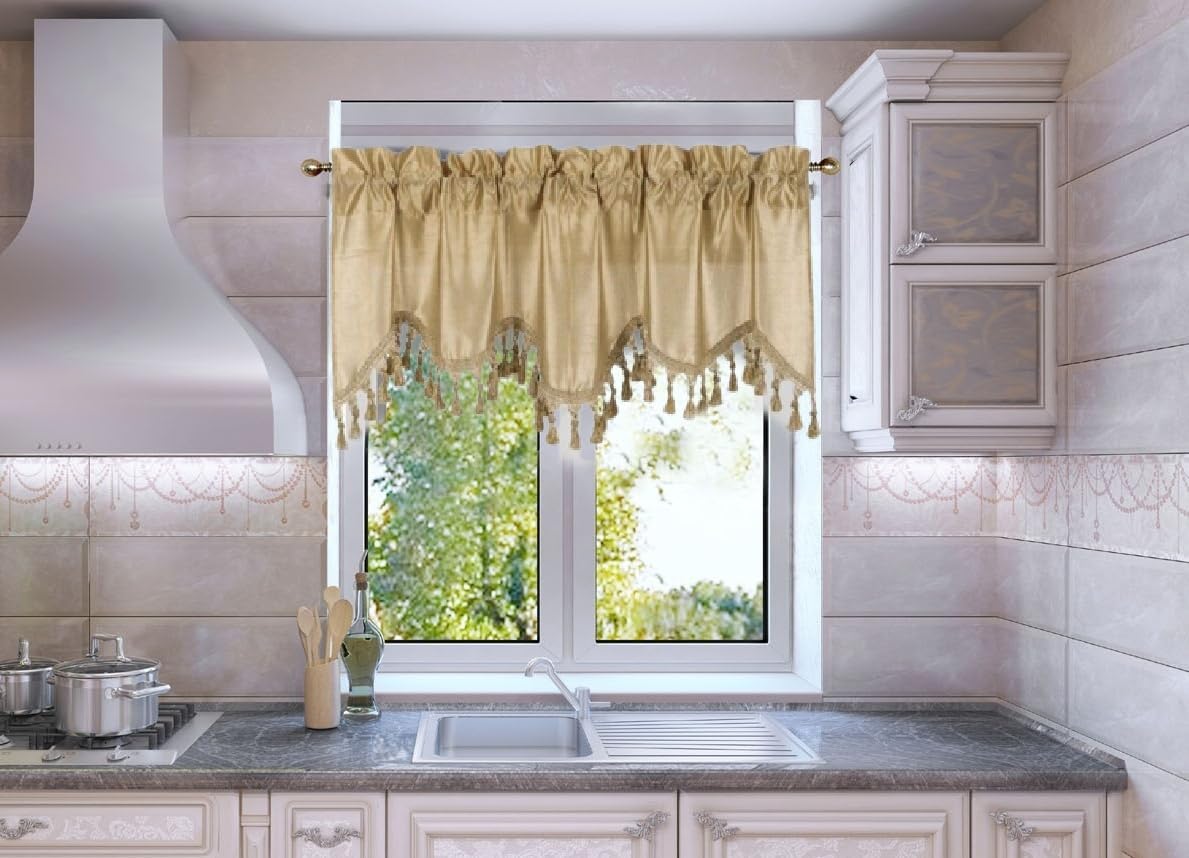 Solid Faux Silk Valance with Tassels 55x18 Inch Wave 1 Gold