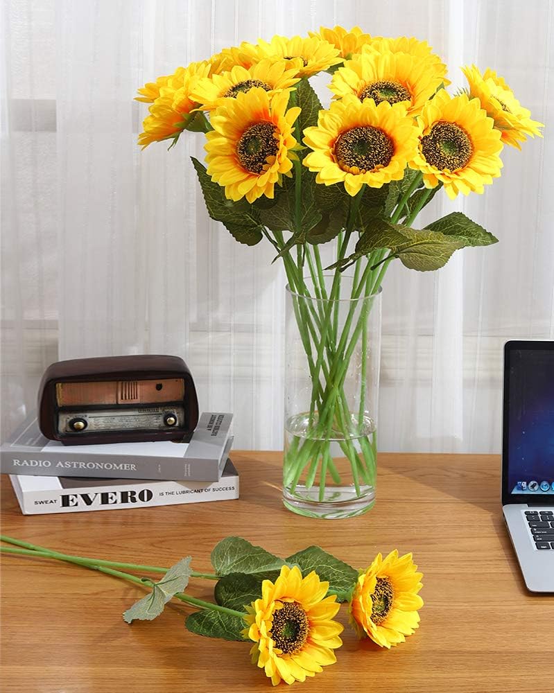 Laelfe Artificial Sunflower Flowers 6PCS Yellow Long Stem Decor