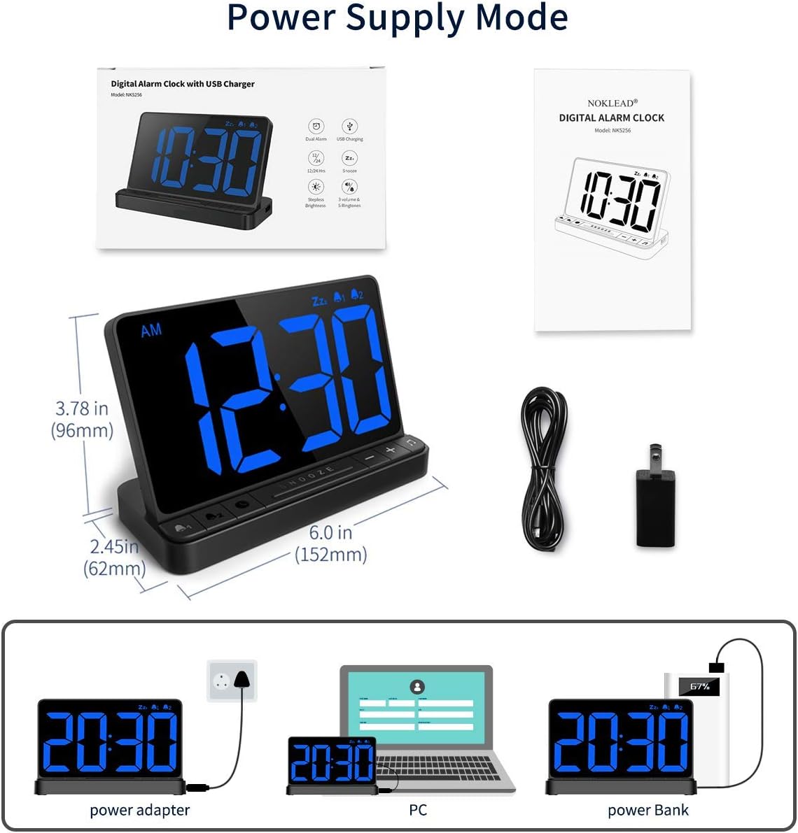 NOKLEAD Digital Alarm Clock with 2 Alarms and Snooze