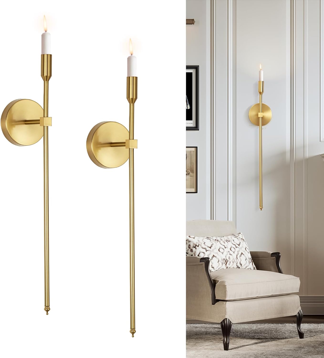 Gold Candle Sconces Wall Holder Set of 2 Modern Decor