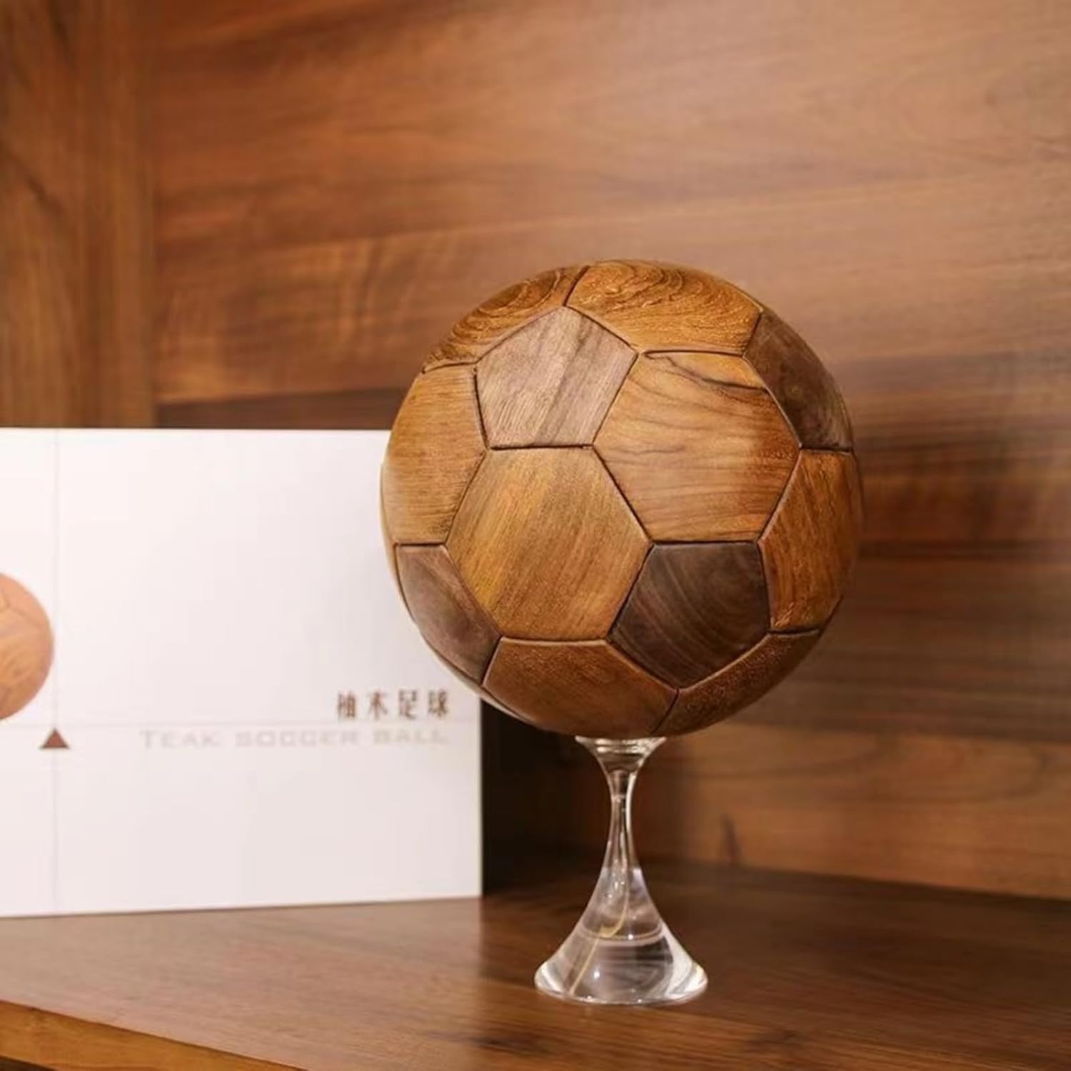 Creative Football Wood Sculpture 22CM Handmade Decor with Base